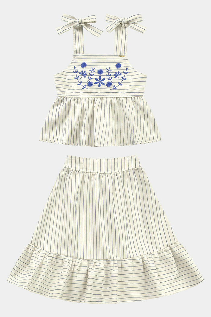 Conjunto regata e saia em tecido ecotex flamê com alças de amarração e bordado