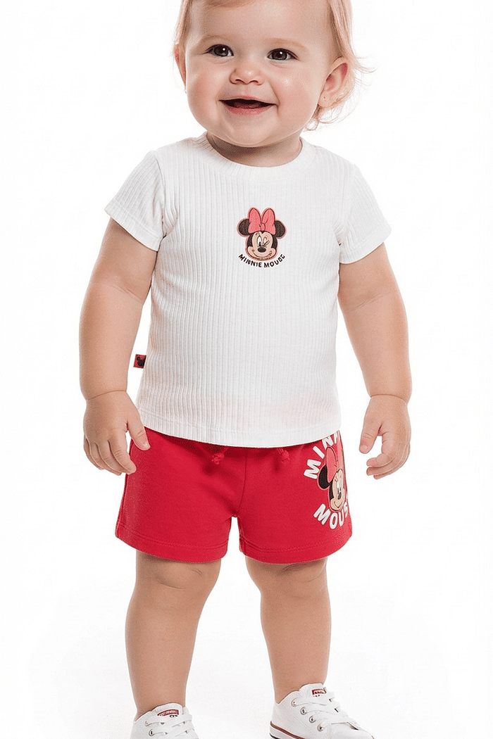 Conjunto blusa em cotton flamê e shorts minnie