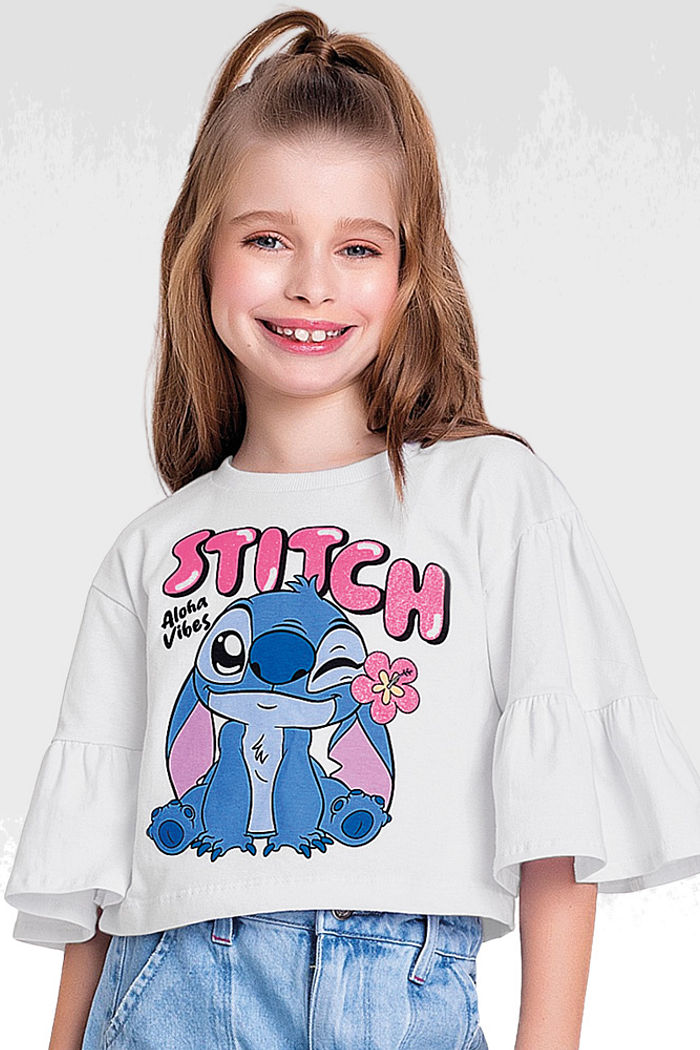 Blusa em meia malha Lilo & Stitch e babado na manga
