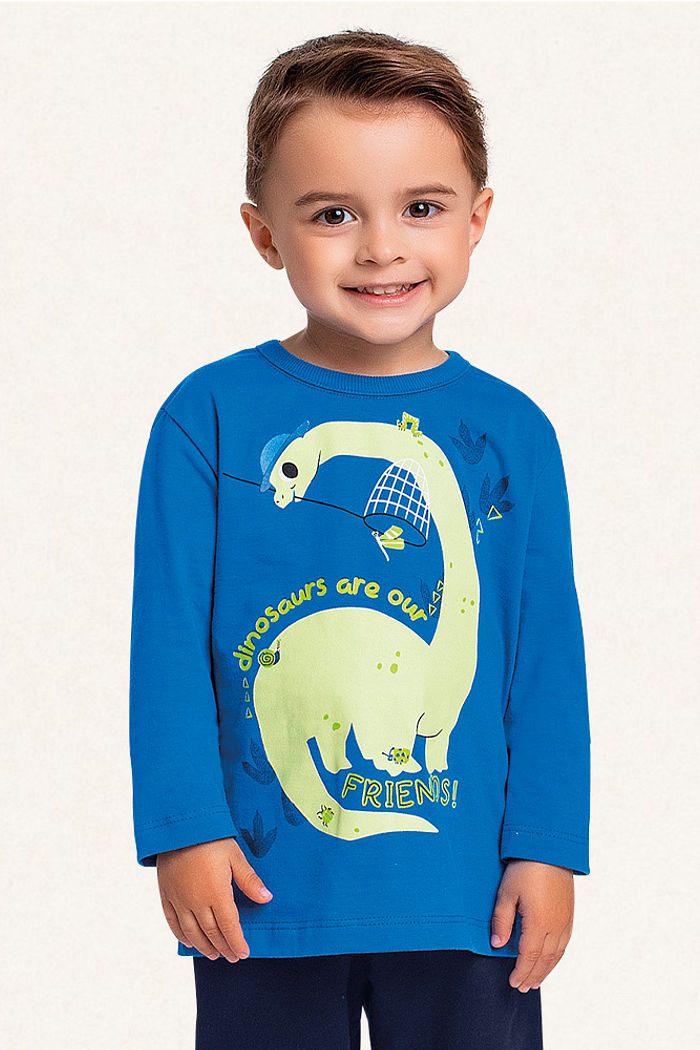 Conjunto camiseta manga longa em meia malha e calça em moletinho dinossauro amigo