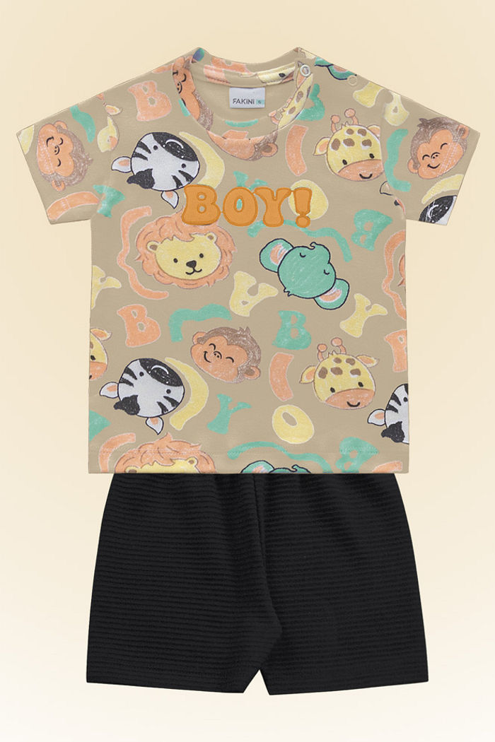 Conjunto camiseta em suedine e bermuda em malha canelada