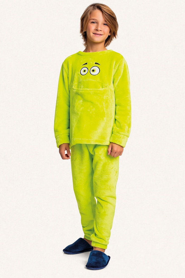 Conjunto blusão e calça em tecido fleece monstro