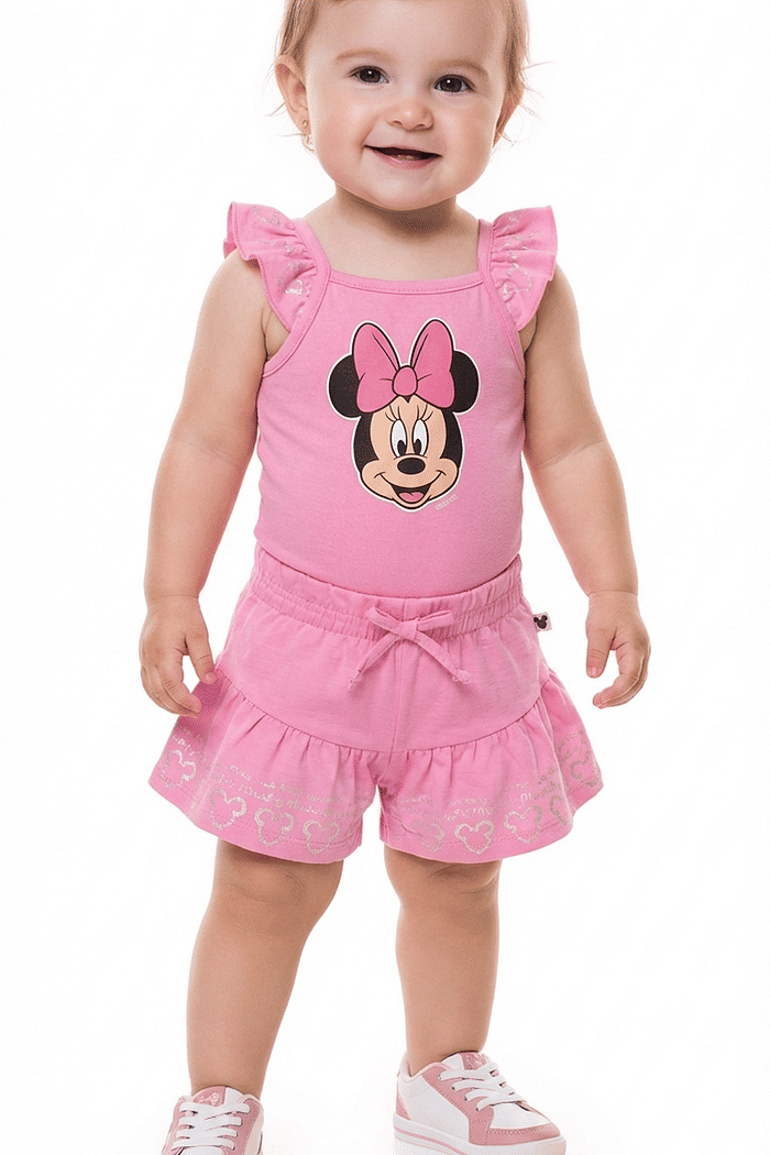 Conjunto body e short em cotton flamê minnie