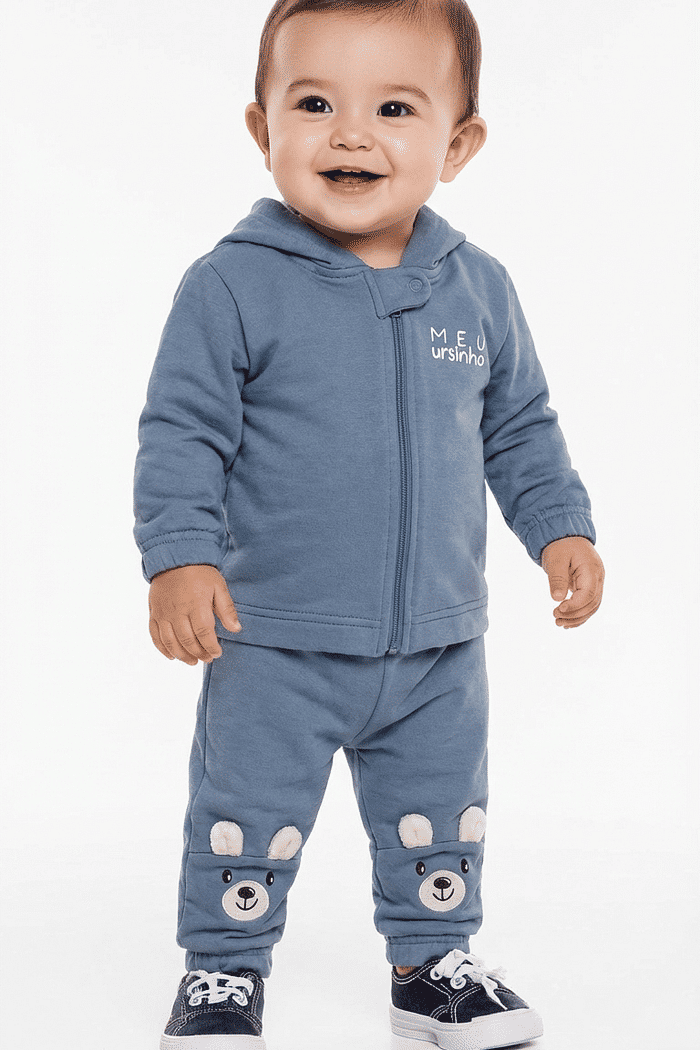 Conjunto jaqueta com capuz e calça em moletom urso