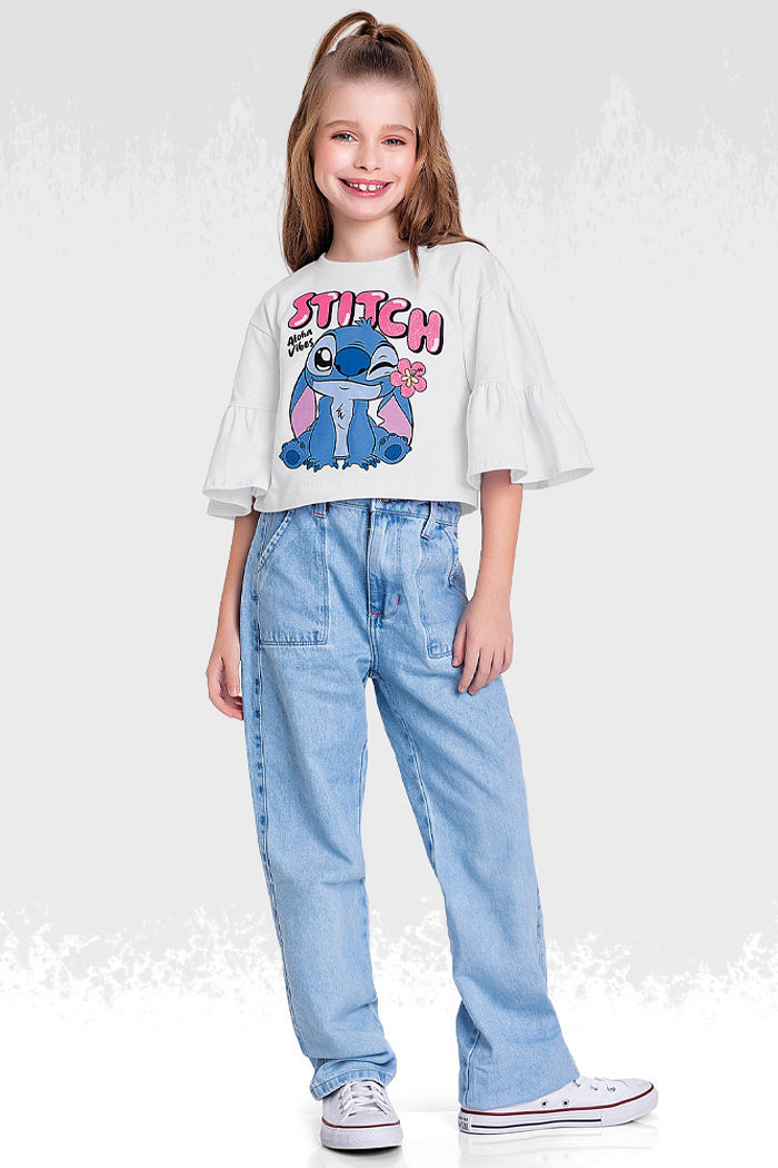 Blusa em meia malha Lilo & Stitch e babado na manga