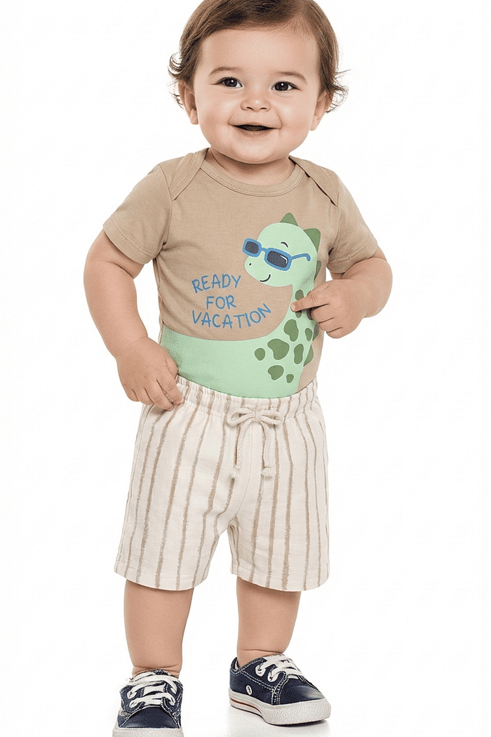 Conjunto body manga curta e bermuda dinossauro