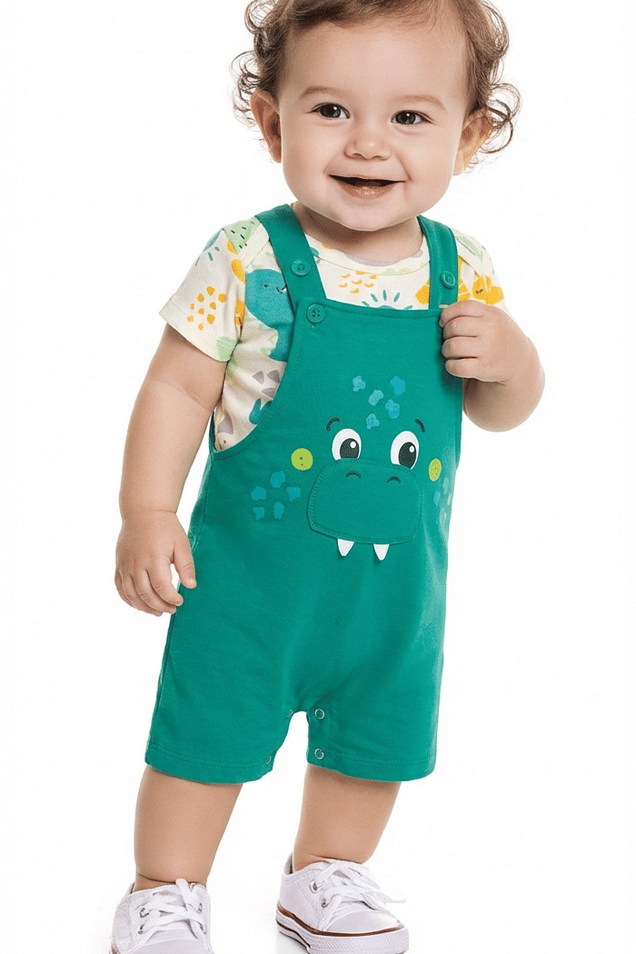 Conjunto body manga curta em suedine e macacão em moletinho dino