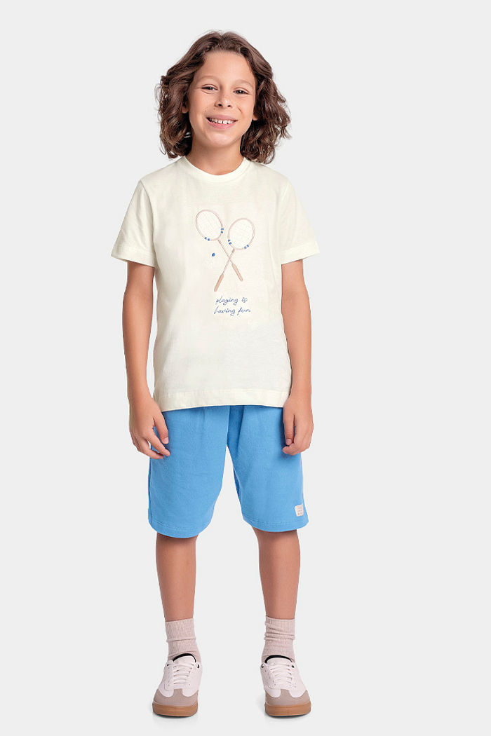 Conjunto camiseta raquete e bermuda com cadarço decorativo em moletinho