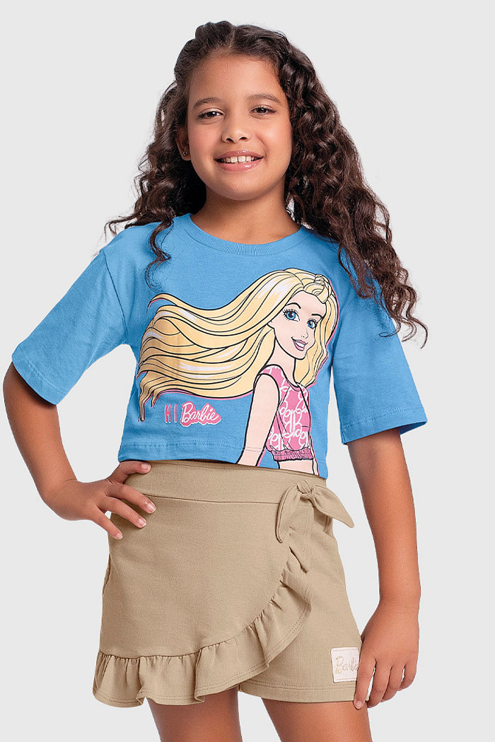 Conjunto blusa cropped da Barbie e short-saia em moletinho