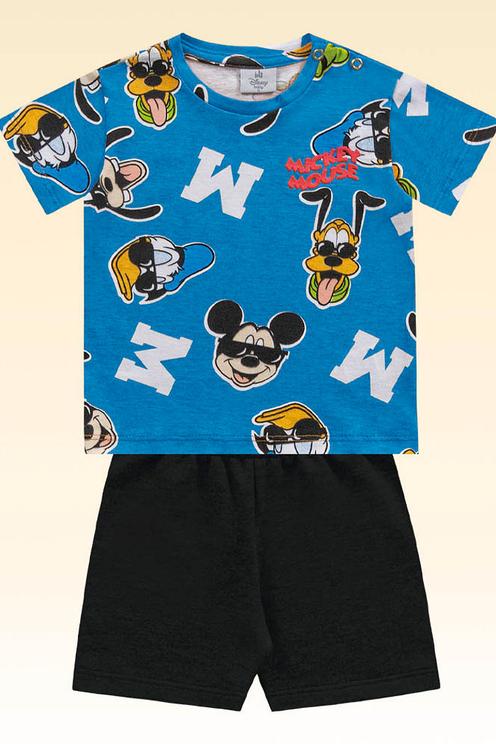 Conjunto camiseta mickey e bermuda em moletinho