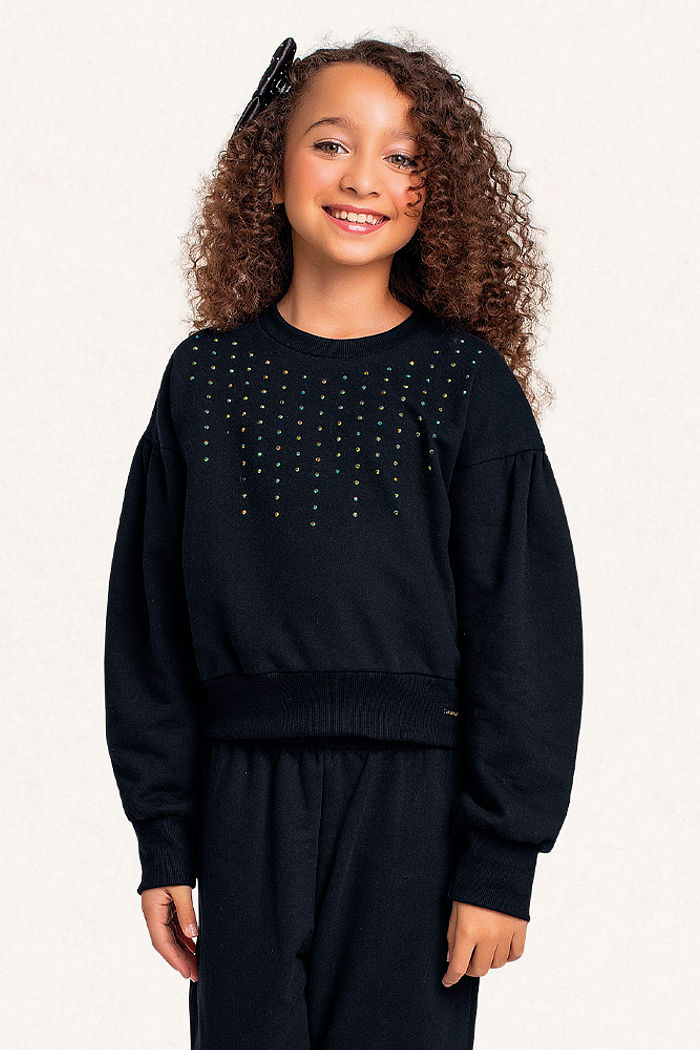 Conjunto blusão e calça wide leg em moletom com strass