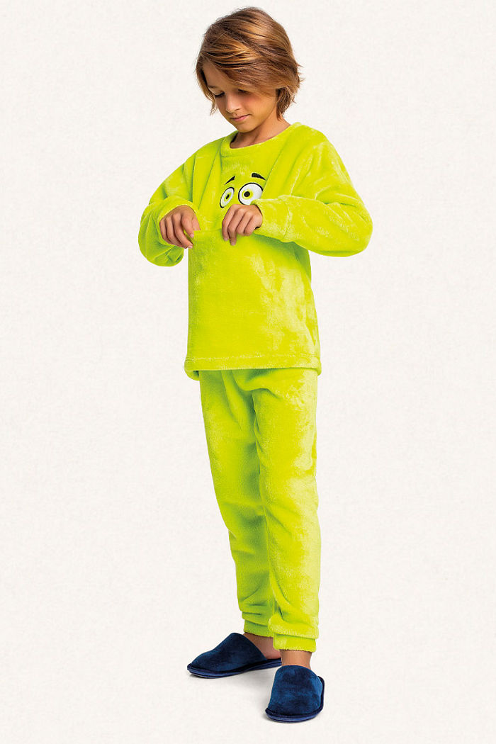 Conjunto blusão e calça em tecido fleece monstro