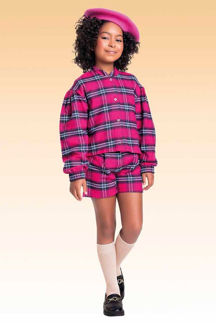 Conjunto camisa manga longa e short em tecido xadrez joy