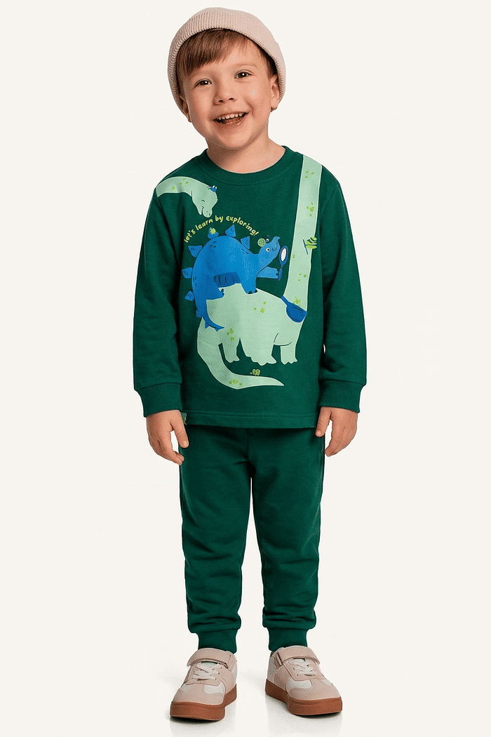 Conjunto blusão e calça em moletom dinossauros