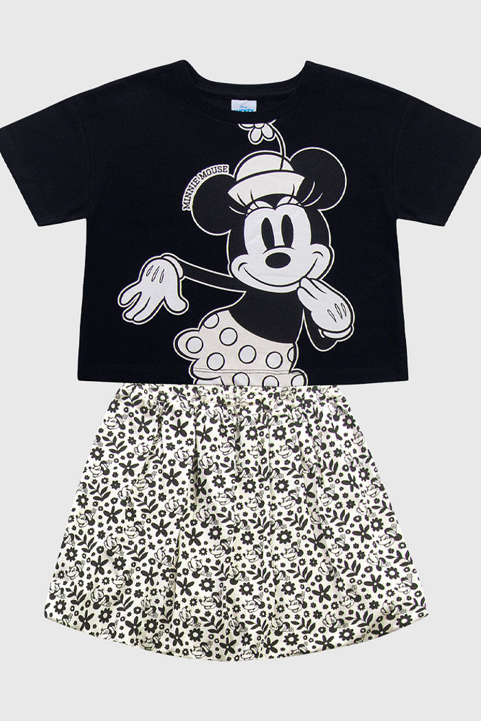 Conjunto blusa e short-saia balonê da Minnie e elástico roliço com ponteira reguladora