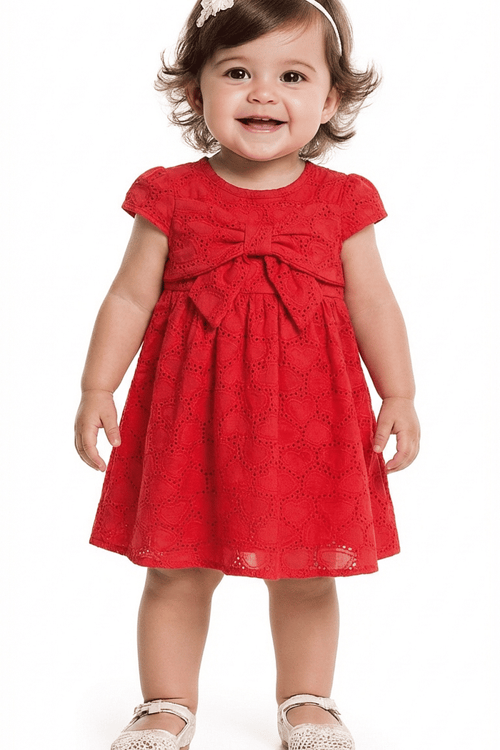 Vestido em laise com elastico na cintura e laço