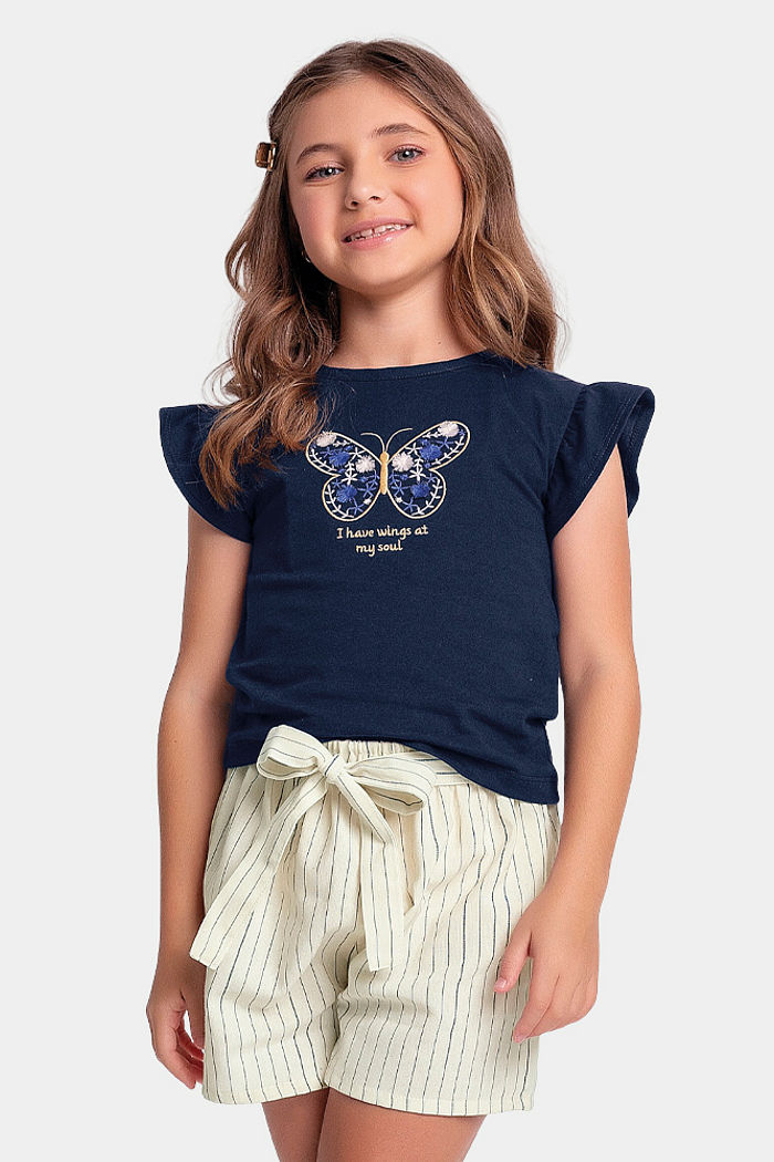 Conjunto blusa de borboleta e short em tecido ecotex flamê