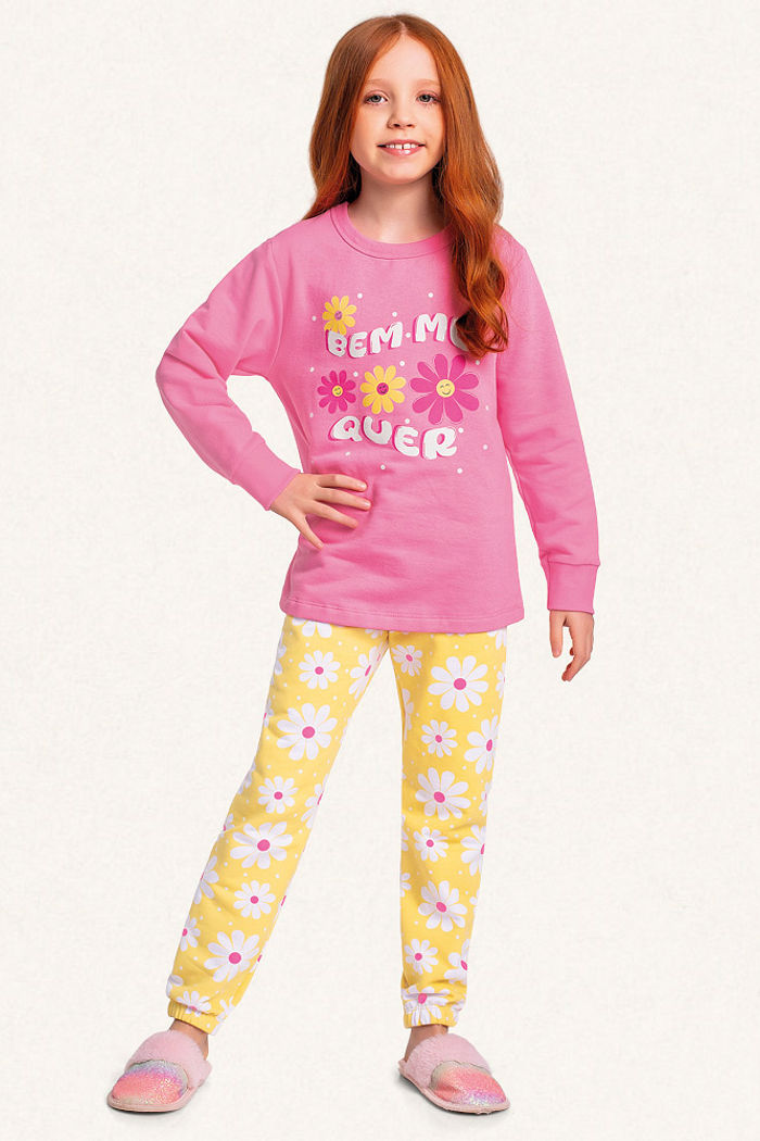 Conjunto pijama blusão e calça em moletom flores
