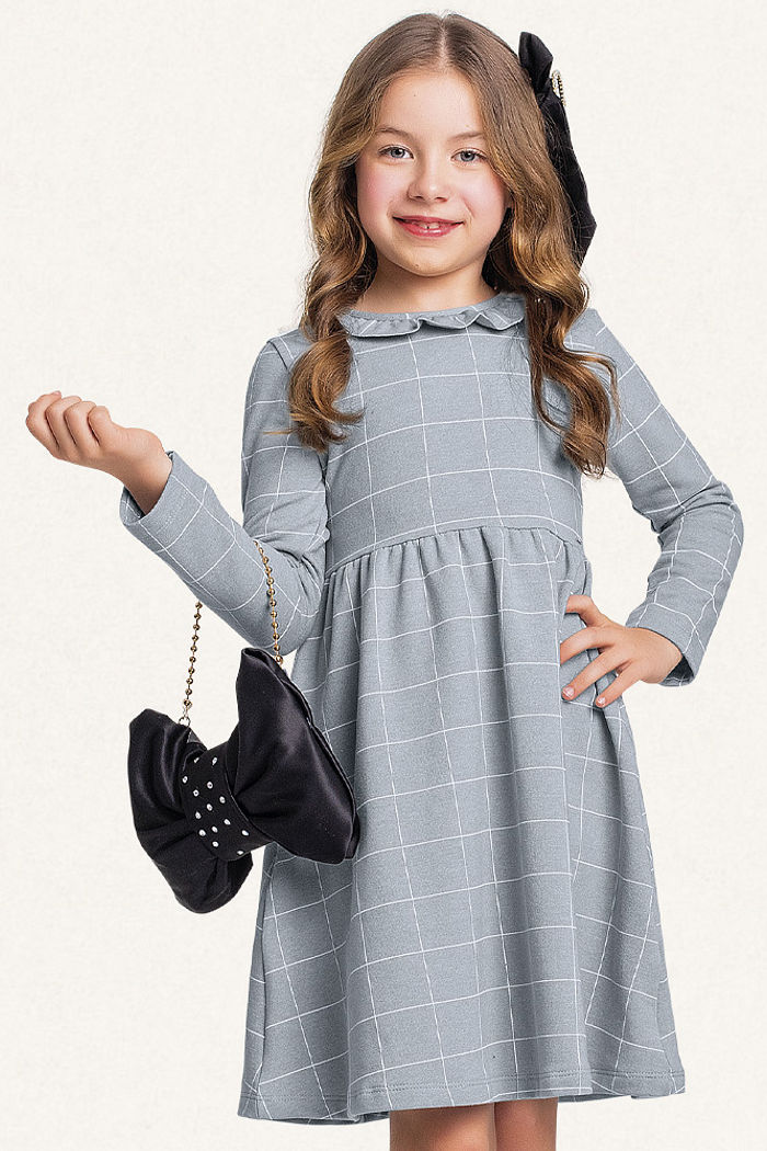 Vestido em molecotton molinê manga longa xadrez