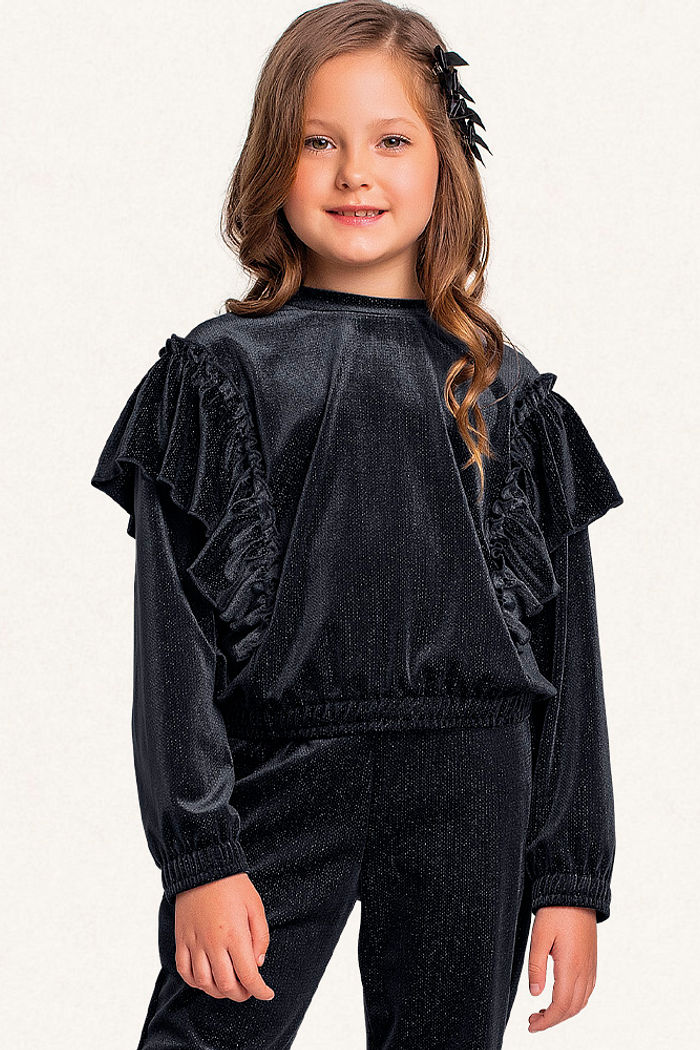 Conjunto blusão com babados e calça em plush lurex