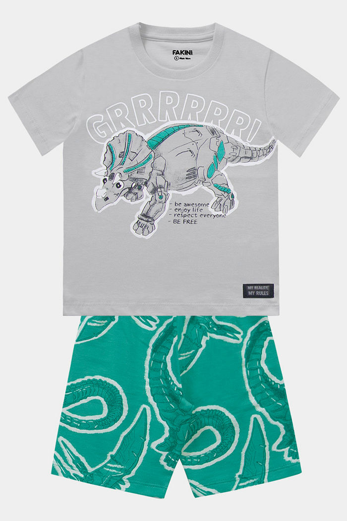 Conjunto camiseta e bermuda em moletinho de dinossauro