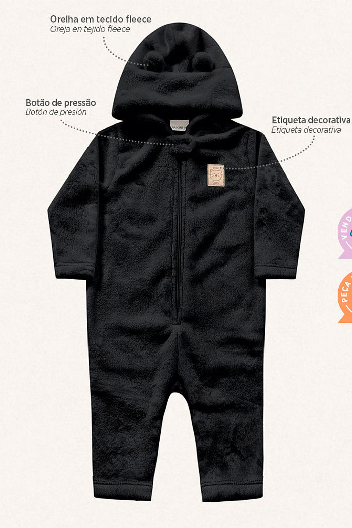 Macacão manga longa com capuz em tecido fleece teddy