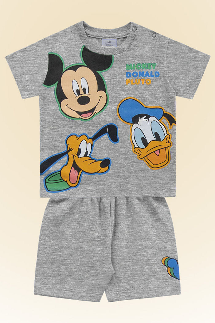 Conjunto camiseta em meia malha e bermuda em moletinho Mickey