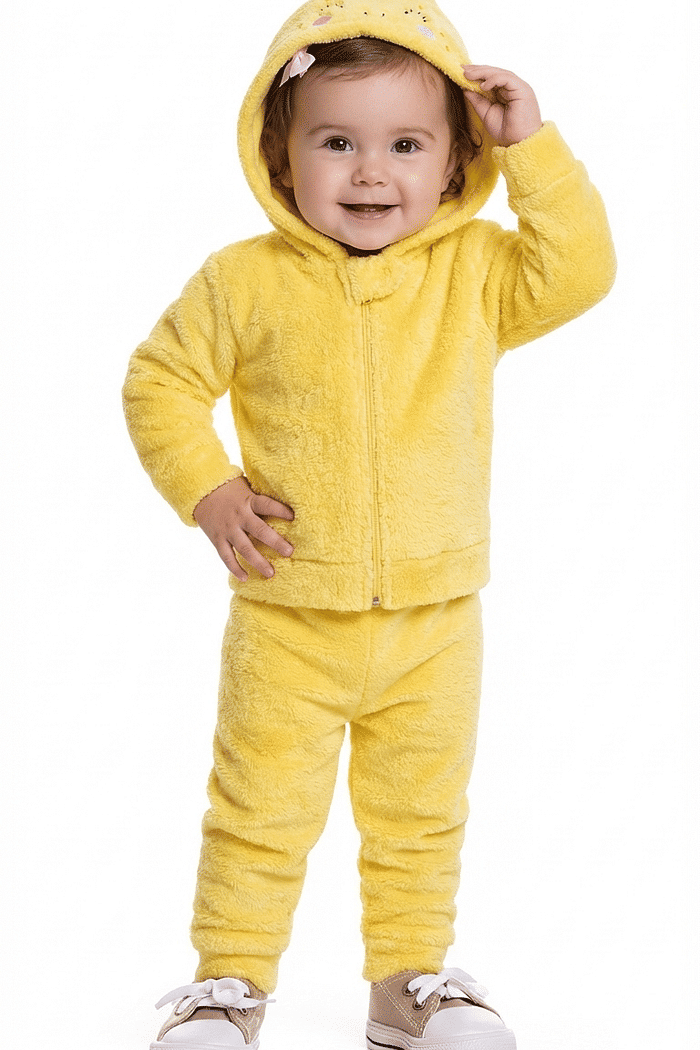 Conjunto jaqueta com capuz e calça em tecido fleece frutas