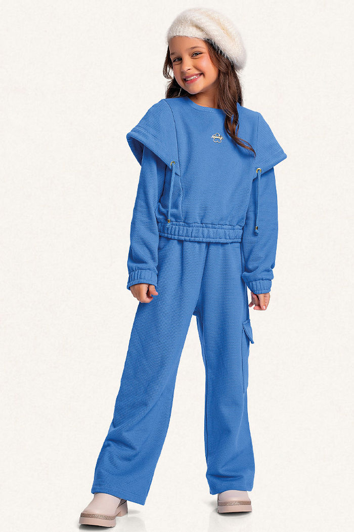 Conjunto blusão e calça wide leg em moletom lótus com cadarço decorativo