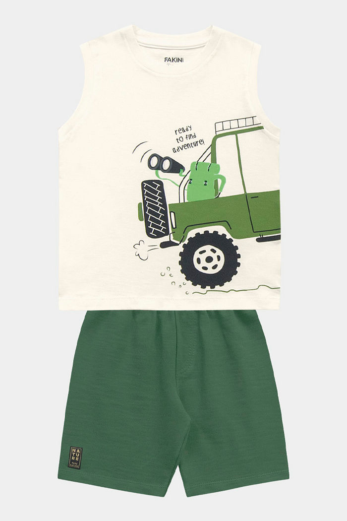 Conjunto regata adventure e bermuda em moletinho flamê