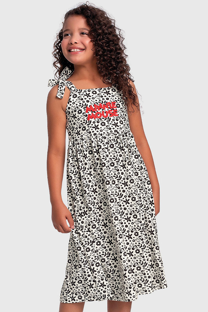 Vestido midi da Minnie com alças para amarração e bordado