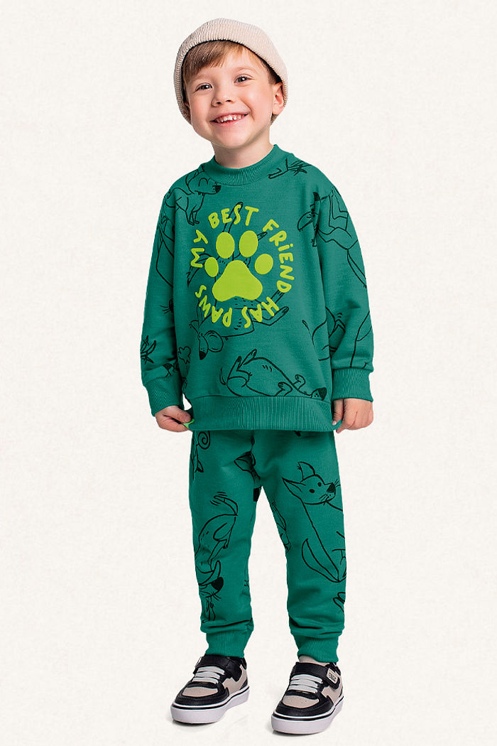 Conjunto blusão e calça em moletinho flamê patinha