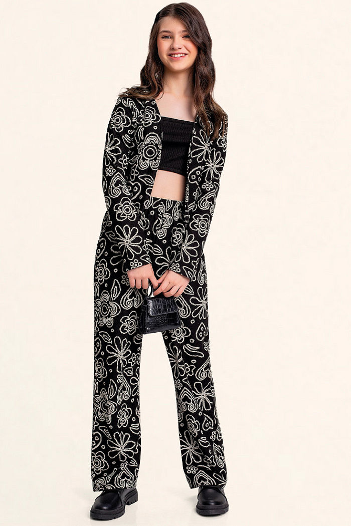 Conjunto casaco aberto, calça em malha florence e top em ribana canelada