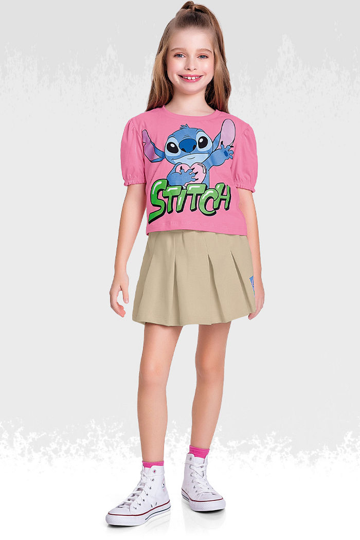 Conjunto blusa meia malha e short-saia Lilo & Stitch