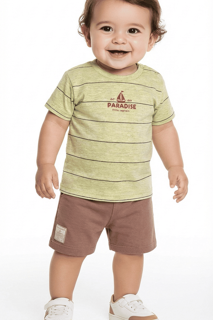 Conjunto camiseta meia malha e bermuda moletinho