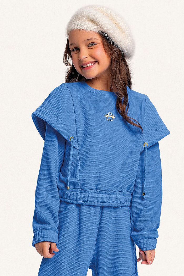 Conjunto blusão e calça wide leg em moletom lótus com cadarço decorativo