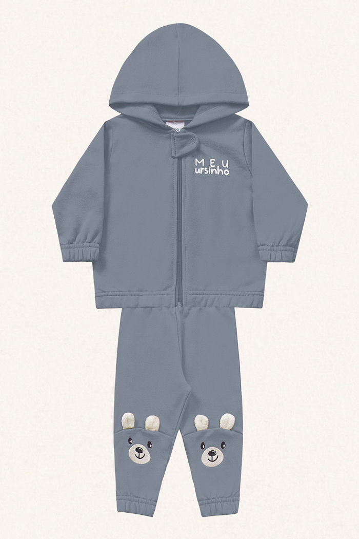 Conjunto jaqueta com capuz e calça em moletom urso