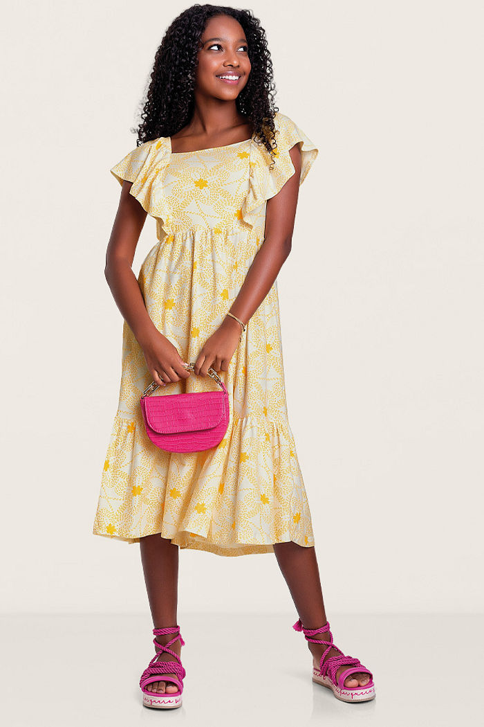 Vestido floral midi com tecido em cotton flamê