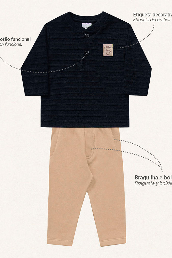 Conjunto camiseta manga longa em meia malha listras com textura em moletom e calça em moletom