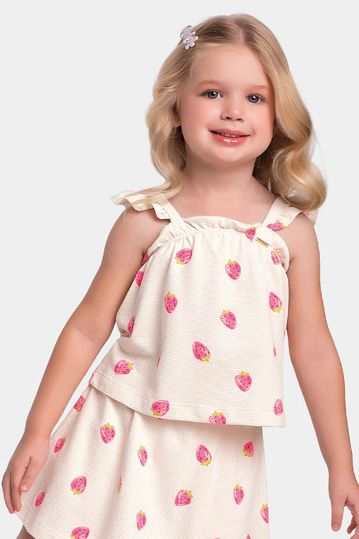 Conjunto bata e short-saia de frutas