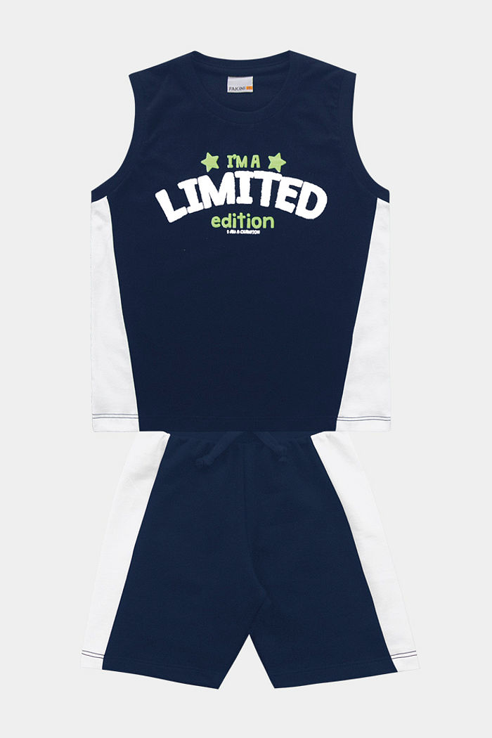 Conjunto regata com silk em relevo 3D e bermuda em moletinho com cadarço