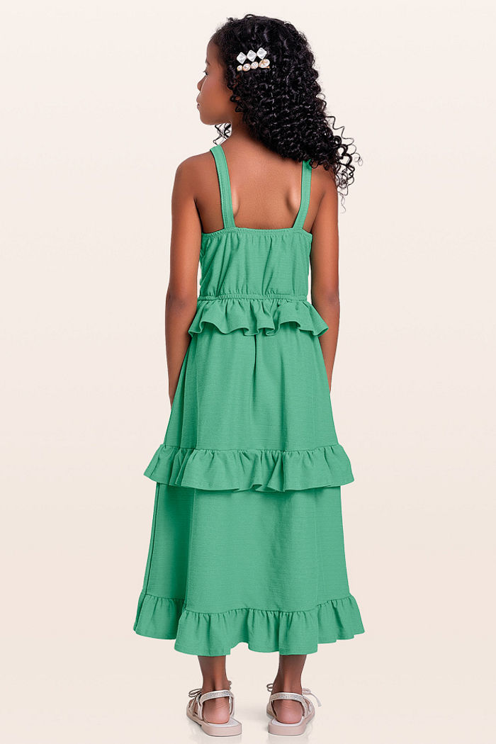 Vestido midi com amarração e babados