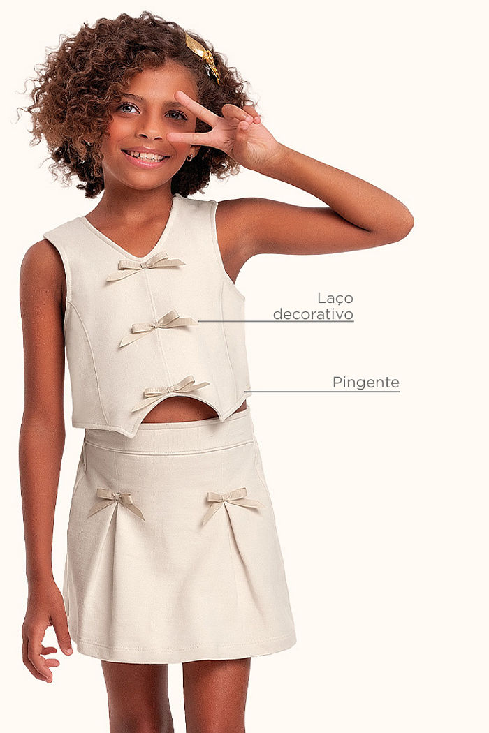 Conjunto regata/short-saia em moletinho com laço decorativo