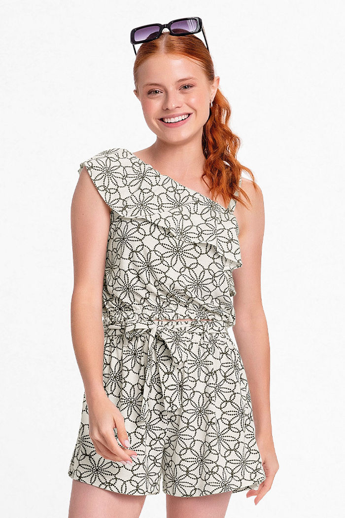 Conjunto blusa e short em meia malha linho estampa floral