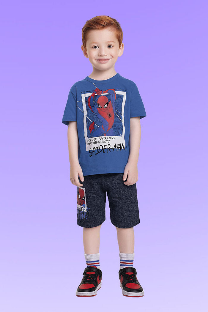 Conjunto camiseta em meia malha e bermuda em moletinho molinê Homem-aranha