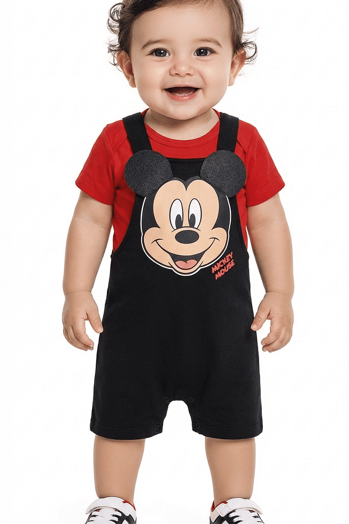 Conjunto body em meia malha e macacão mickey