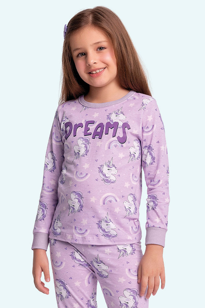 Conjunto pijama blusa manga longa e calça de unicórnio