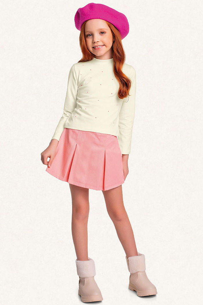 Conjunto blusa manga longa em cotton com strass e short-saia em sarja yari