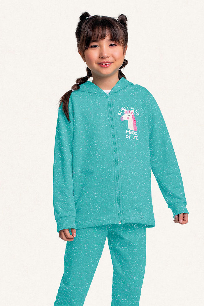 Conjunto jaqueta com capuz e calça em moletom molinê unicórnio