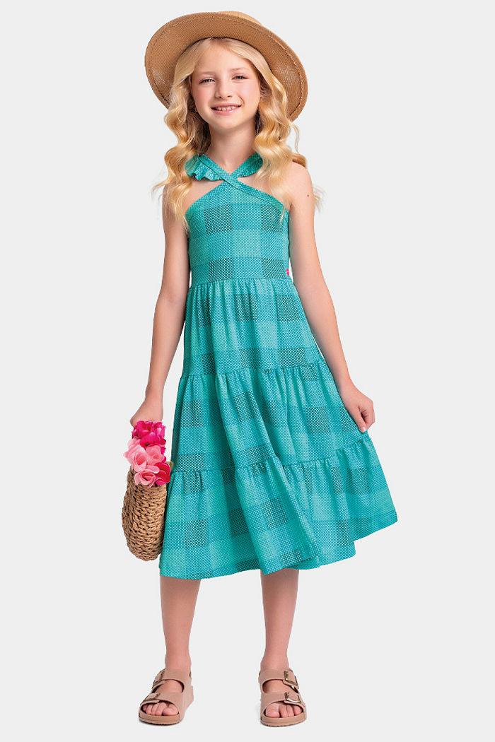 Vestido midi xadrez decote halter